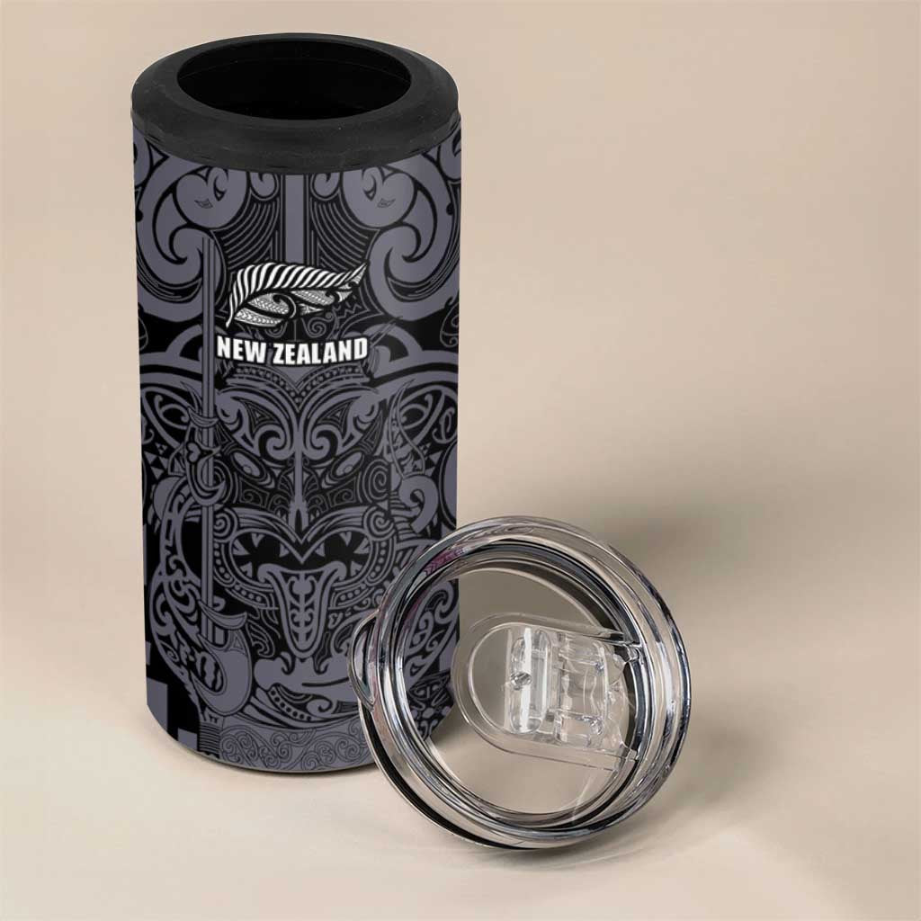 Custom New Zealand Taiaha Maori 4 in 1 Can Cooler Tumbler Minimalist Silver Fern All Black - Aussie Hoodie