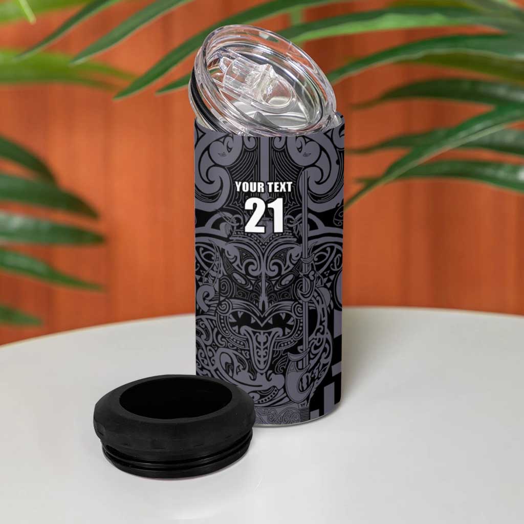 Custom New Zealand Taiaha Maori 4 in 1 Can Cooler Tumbler Minimalist Silver Fern All Black - Aussie Hoodie