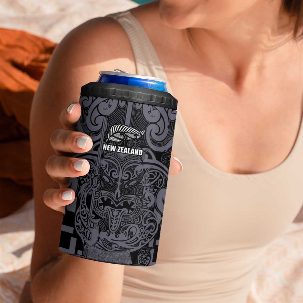 Custom New Zealand Taiaha Maori 4 in 1 Can Cooler Tumbler Minimalist Silver Fern All Black - Aussie Hoodie