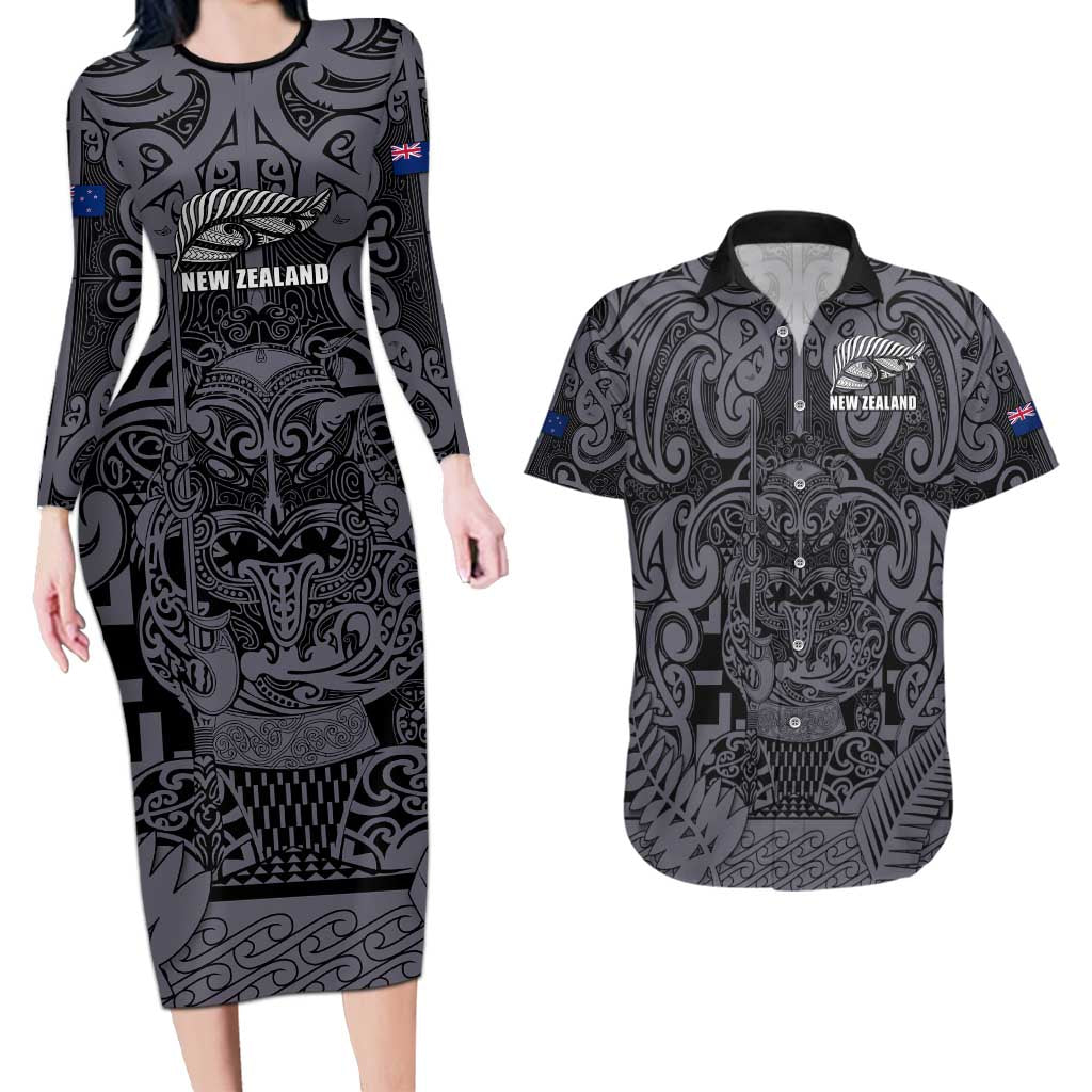 Custom New Zealand Taiaha Maori Couples Matching Long Sleeve Bodycon Dress and Hawaiian Shirt Minimalist Silver Fern All Black - Aussie Hoodie