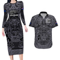 Custom New Zealand Taiaha Maori Couples Matching Long Sleeve Bodycon Dress and Hawaiian Shirt Minimalist Silver Fern All Black - Aussie Hoodie