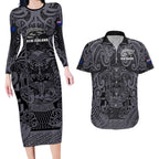Custom New Zealand Taiaha Maori Couples Matching Long Sleeve Bodycon Dress and Hawaiian Shirt Minimalist Silver Fern All Black - Aussie Hoodie