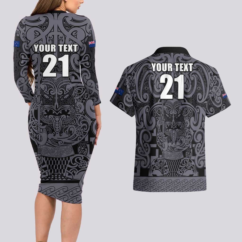 Custom New Zealand Taiaha Maori Couples Matching Long Sleeve Bodycon Dress and Hawaiian Shirt Minimalist Silver Fern All Black - Aussie Hoodie