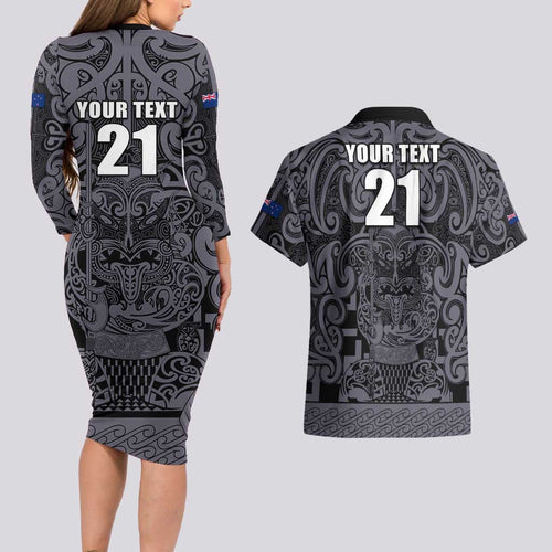 Custom New Zealand Taiaha Maori Couples Matching Long Sleeve Bodycon Dress and Hawaiian Shirt Minimalist Silver Fern All Black - Aussie Hoodie