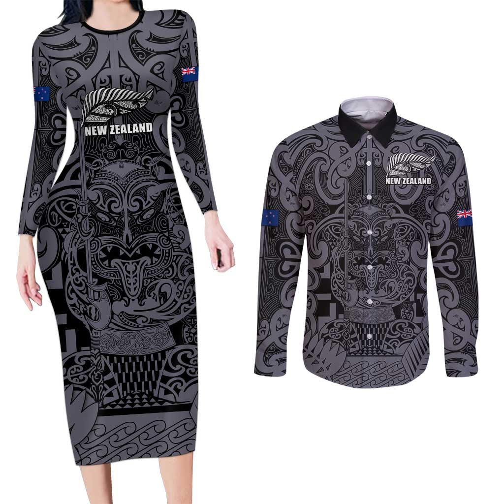 Custom New Zealand Taiaha Maori Couples Matching Long Sleeve Bodycon Dress and Long Sleeve Button Shirt Minimalist Silver Fern All Black - Aussie Hoodie