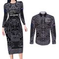 Custom New Zealand Taiaha Maori Couples Matching Long Sleeve Bodycon Dress and Long Sleeve Button Shirt Minimalist Silver Fern All Black - Aussie Hoodie