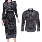 Custom New Zealand Taiaha Maori Couples Matching Long Sleeve Bodycon Dress and Long Sleeve Button Shirt Minimalist Silver Fern All Black - Aussie Hoodie