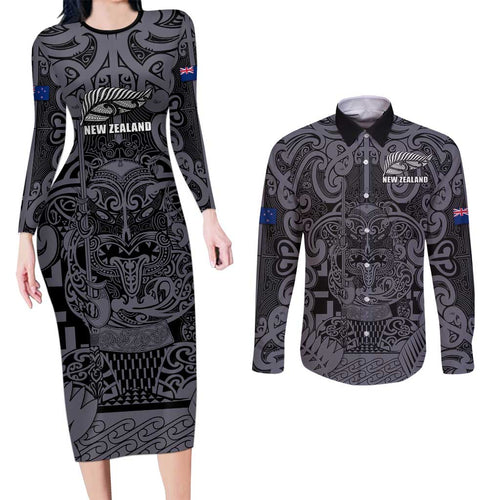 Custom New Zealand Taiaha Maori Couples Matching Long Sleeve Bodycon Dress and Long Sleeve Button Shirt Minimalist Silver Fern All Black - Aussie Hoodie