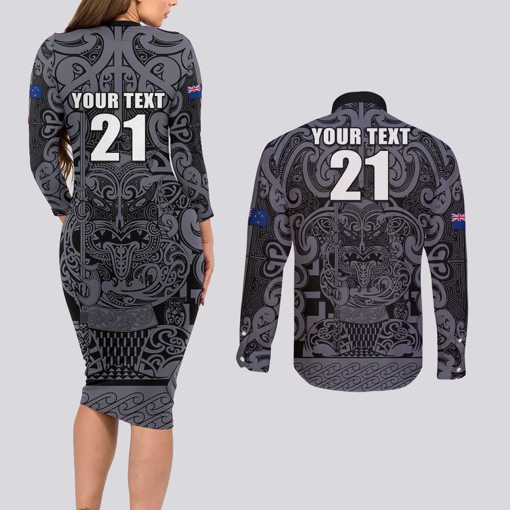Custom New Zealand Taiaha Maori Couples Matching Long Sleeve Bodycon Dress and Long Sleeve Button Shirt Minimalist Silver Fern All Black - Aussie Hoodie