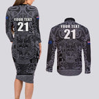 Custom New Zealand Taiaha Maori Couples Matching Long Sleeve Bodycon Dress and Long Sleeve Button Shirt Minimalist Silver Fern All Black - Aussie Hoodie