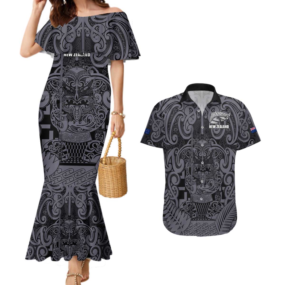 Custom New Zealand Taiaha Maori Couples Matching Mermaid Dress and Hawaiian Shirt Minimalist Silver Fern All Black - Aussie Hoodie