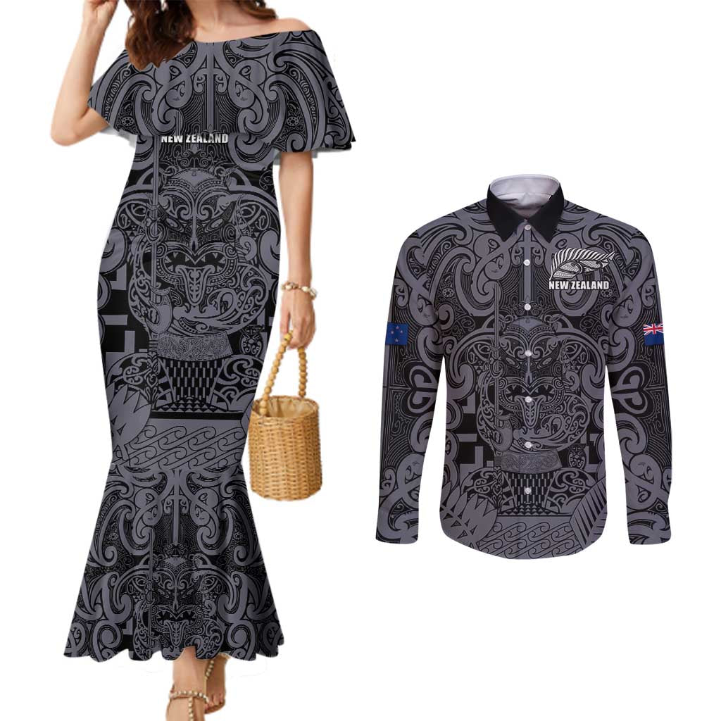 Custom New Zealand Taiaha Maori Couples Matching Mermaid Dress and Long Sleeve Button Shirt Minimalist Silver Fern All Black - Aussie Hoodie