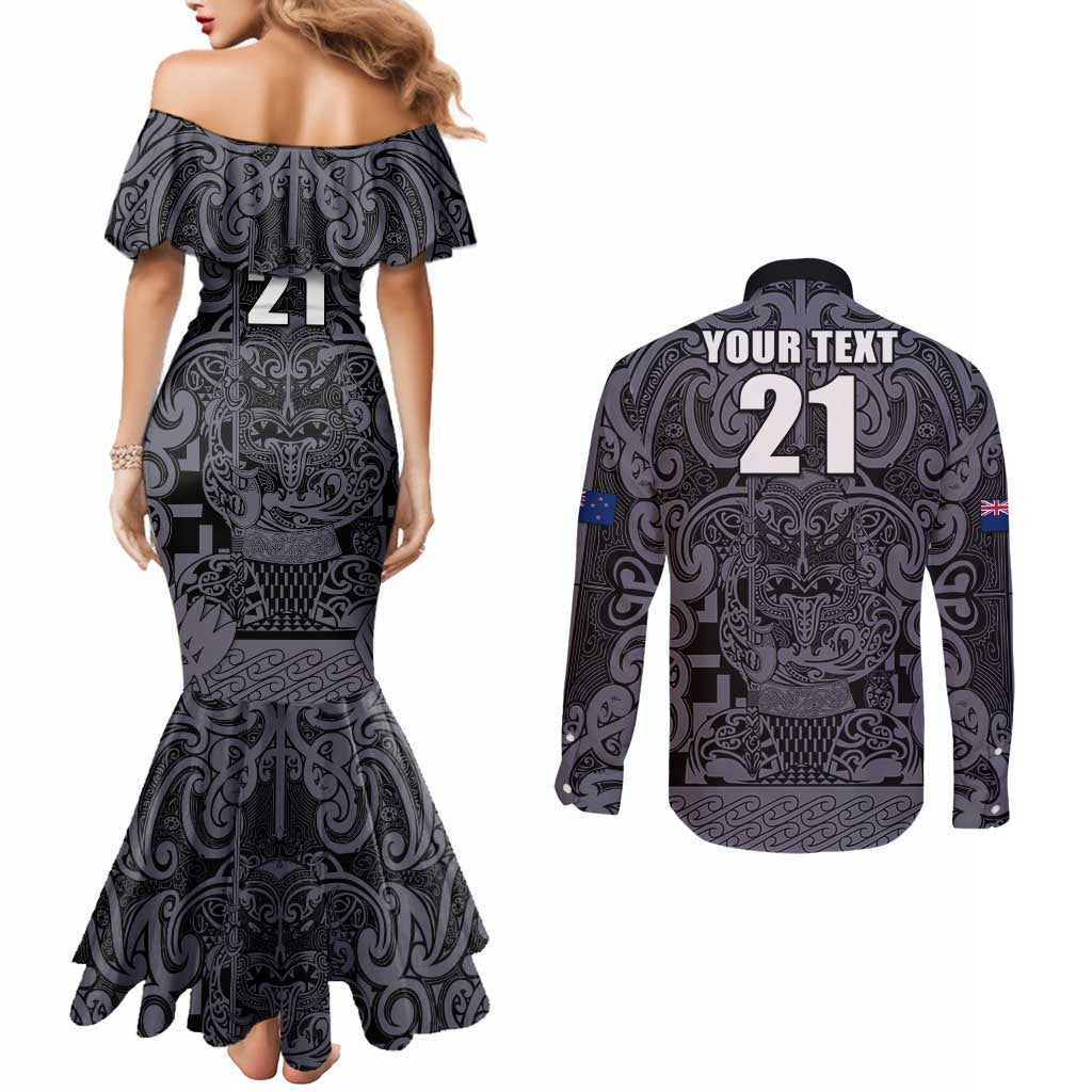 Custom New Zealand Taiaha Maori Couples Matching Mermaid Dress and Long Sleeve Button Shirt Minimalist Silver Fern All Black - Aussie Hoodie
