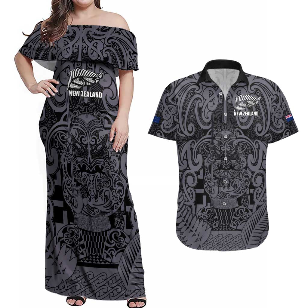 Custom New Zealand Taiaha Maori Couples Matching Off Shoulder Maxi Dress and Hawaiian Shirt Minimalist Silver Fern All Black - Aussie Hoodie