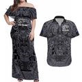 Custom New Zealand Taiaha Maori Couples Matching Off Shoulder Maxi Dress and Hawaiian Shirt Minimalist Silver Fern All Black - Aussie Hoodie