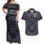 Custom New Zealand Taiaha Maori Couples Matching Off Shoulder Maxi Dress and Hawaiian Shirt Minimalist Silver Fern All Black - Aussie Hoodie