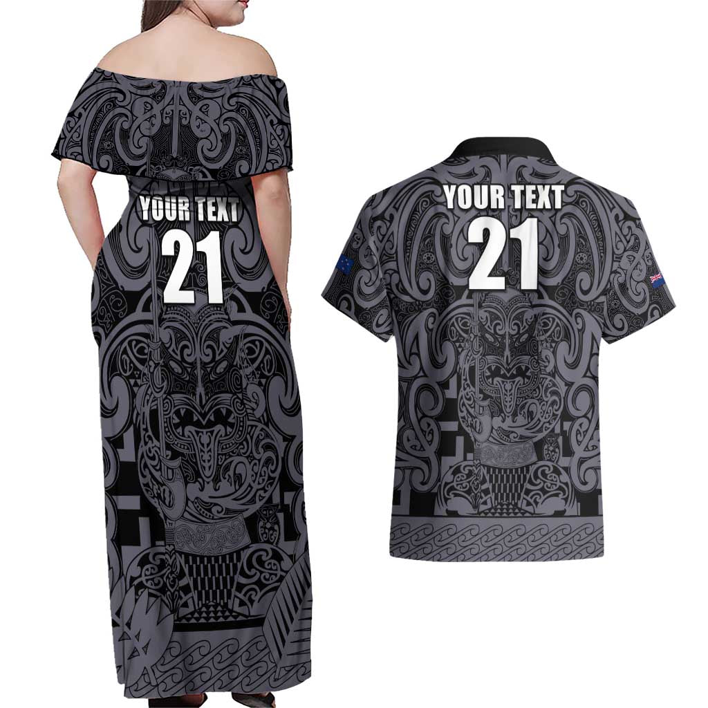 Custom New Zealand Taiaha Maori Couples Matching Off Shoulder Maxi Dress and Hawaiian Shirt Minimalist Silver Fern All Black - Aussie Hoodie