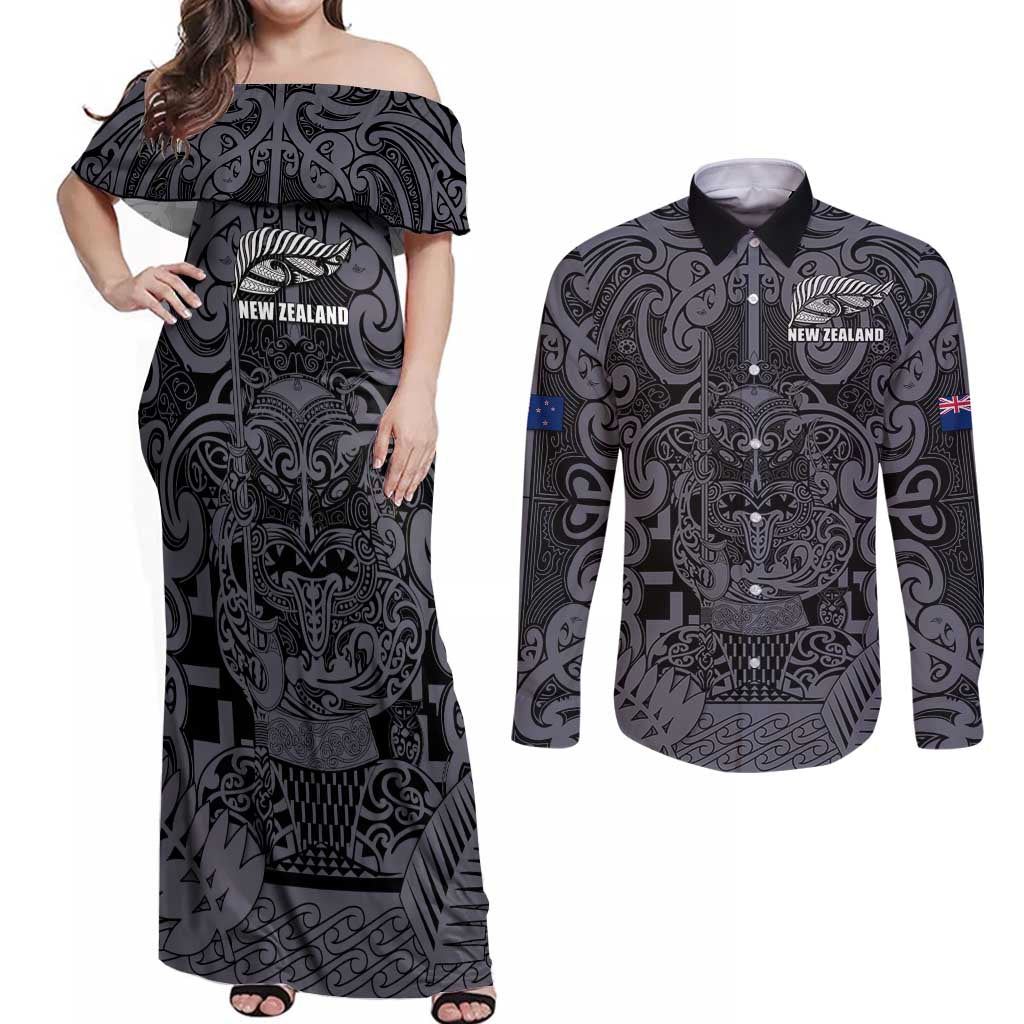Custom New Zealand Taiaha Maori Couples Matching Off Shoulder Maxi Dress and Long Sleeve Button Shirt Minimalist Silver Fern All Black - Aussie Hoodie