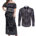 Custom New Zealand Taiaha Maori Couples Matching Off Shoulder Maxi Dress and Long Sleeve Button Shirt Minimalist Silver Fern All Black - Aussie Hoodie