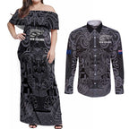 Custom New Zealand Taiaha Maori Couples Matching Off Shoulder Maxi Dress and Long Sleeve Button Shirt Minimalist Silver Fern All Black - Aussie Hoodie