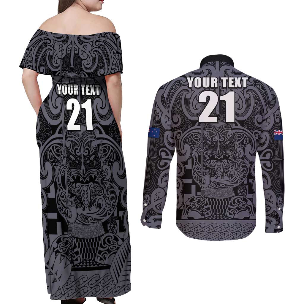 Custom New Zealand Taiaha Maori Couples Matching Off Shoulder Maxi Dress and Long Sleeve Button Shirt Minimalist Silver Fern All Black - Aussie Hoodie