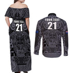 Custom New Zealand Taiaha Maori Couples Matching Off Shoulder Maxi Dress and Long Sleeve Button Shirt Minimalist Silver Fern All Black - Aussie Hoodie