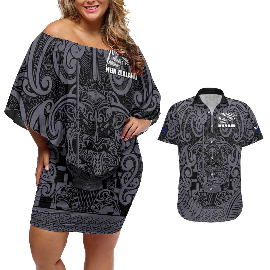 Custom New Zealand Taiaha Maori Couples Matching Off Shoulder Short Dress and Hawaiian Shirt Minimalist Silver Fern All Black - Aussie Hoodie
