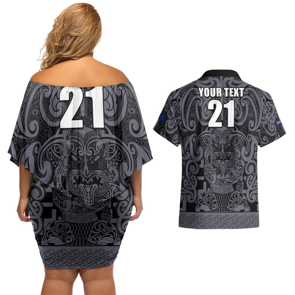 Custom New Zealand Taiaha Maori Couples Matching Off Shoulder Short Dress and Hawaiian Shirt Minimalist Silver Fern All Black - Aussie Hoodie