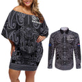 Custom New Zealand Taiaha Maori Couples Matching Off Shoulder Short Dress and Long Sleeve Button Shirt Minimalist Silver Fern All Black - Aussie Hoodie