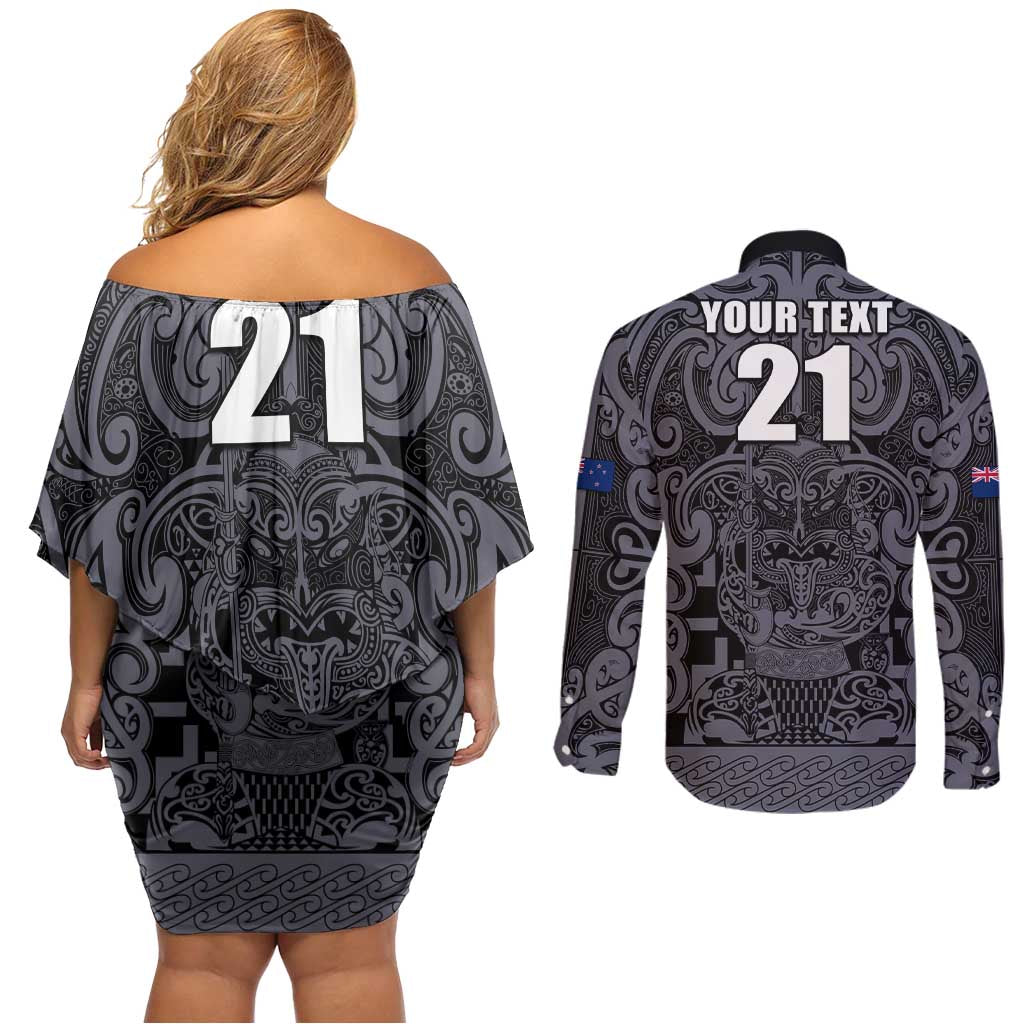 Custom New Zealand Taiaha Maori Couples Matching Off Shoulder Short Dress and Long Sleeve Button Shirt Minimalist Silver Fern All Black - Aussie Hoodie