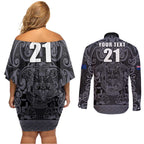 Custom New Zealand Taiaha Maori Couples Matching Off Shoulder Short Dress and Long Sleeve Button Shirt Minimalist Silver Fern All Black - Aussie Hoodie