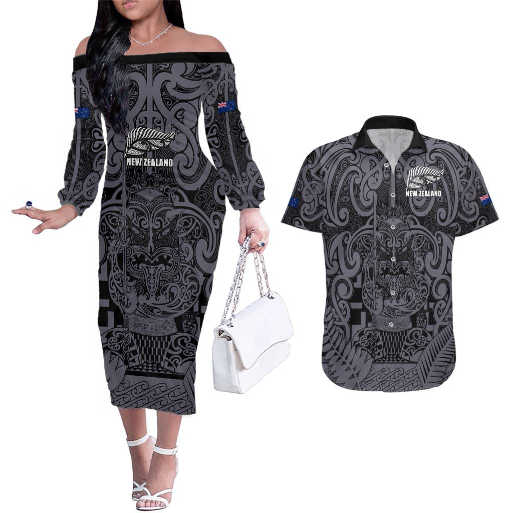 Custom New Zealand Taiaha Maori Couples Matching Off The Shoulder Long Sleeve Dress and Hawaiian Shirt Minimalist Silver Fern All Black - Aussie Hoodie