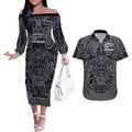 Custom New Zealand Taiaha Maori Couples Matching Off The Shoulder Long Sleeve Dress and Hawaiian Shirt Minimalist Silver Fern All Black - Aussie Hoodie