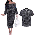 Custom New Zealand Taiaha Maori Couples Matching Off The Shoulder Long Sleeve Dress and Hawaiian Shirt Minimalist Silver Fern All Black - Aussie Hoodie