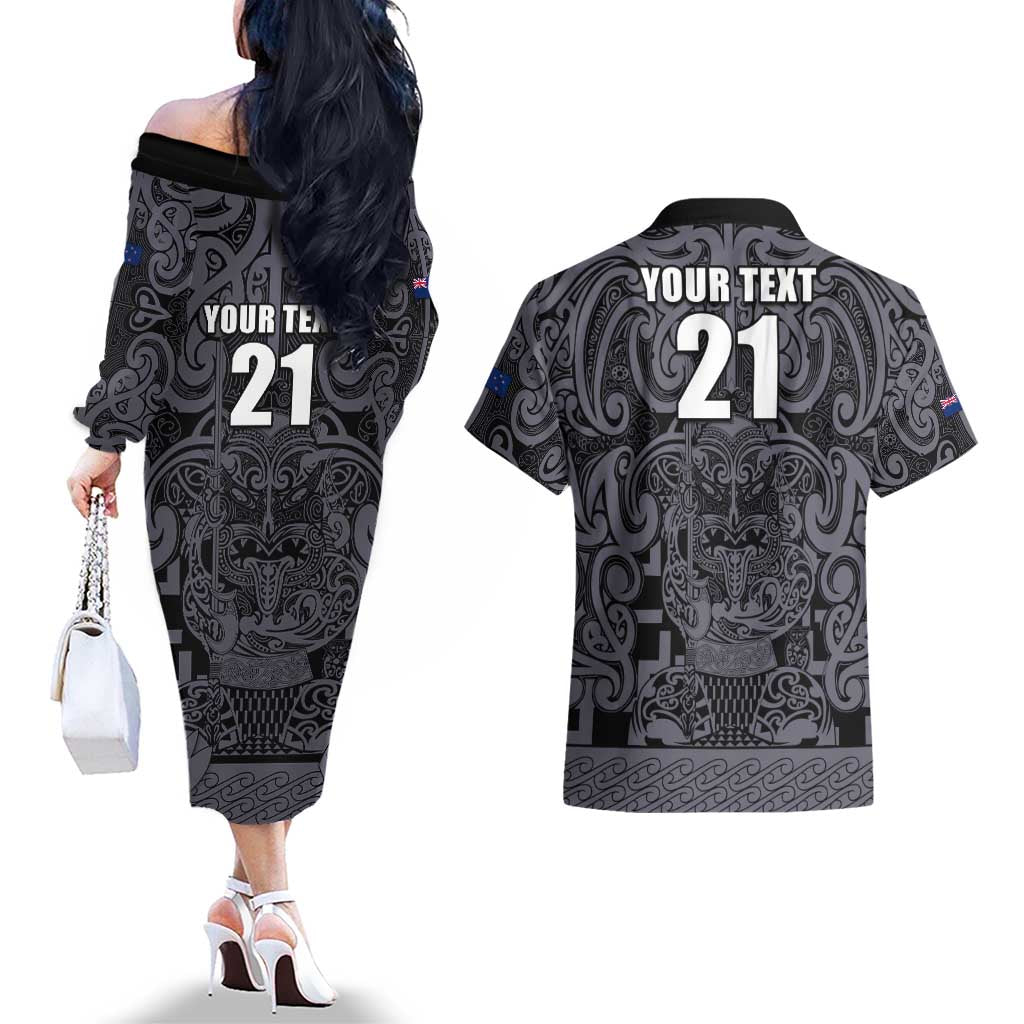 Custom New Zealand Taiaha Maori Couples Matching Off The Shoulder Long Sleeve Dress and Hawaiian Shirt Minimalist Silver Fern All Black - Aussie Hoodie
