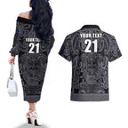 Custom New Zealand Taiaha Maori Couples Matching Off The Shoulder Long Sleeve Dress and Hawaiian Shirt Minimalist Silver Fern All Black - Aussie Hoodie
