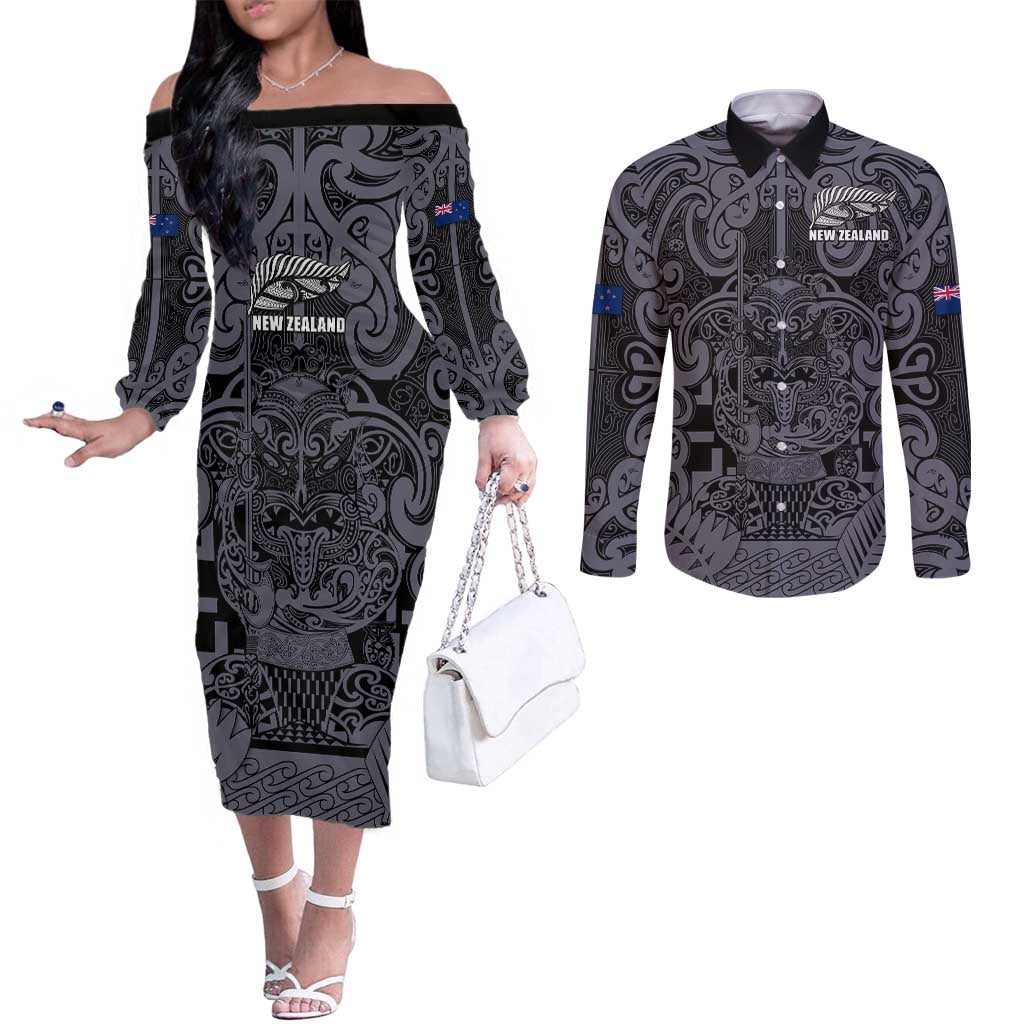 Custom New Zealand Taiaha Maori Couples Matching Off The Shoulder Long Sleeve Dress and Long Sleeve Button Shirt Minimalist Silver Fern All Black - Aussie Hoodie