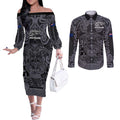 Custom New Zealand Taiaha Maori Couples Matching Off The Shoulder Long Sleeve Dress and Long Sleeve Button Shirt Minimalist Silver Fern All Black - Aussie Hoodie