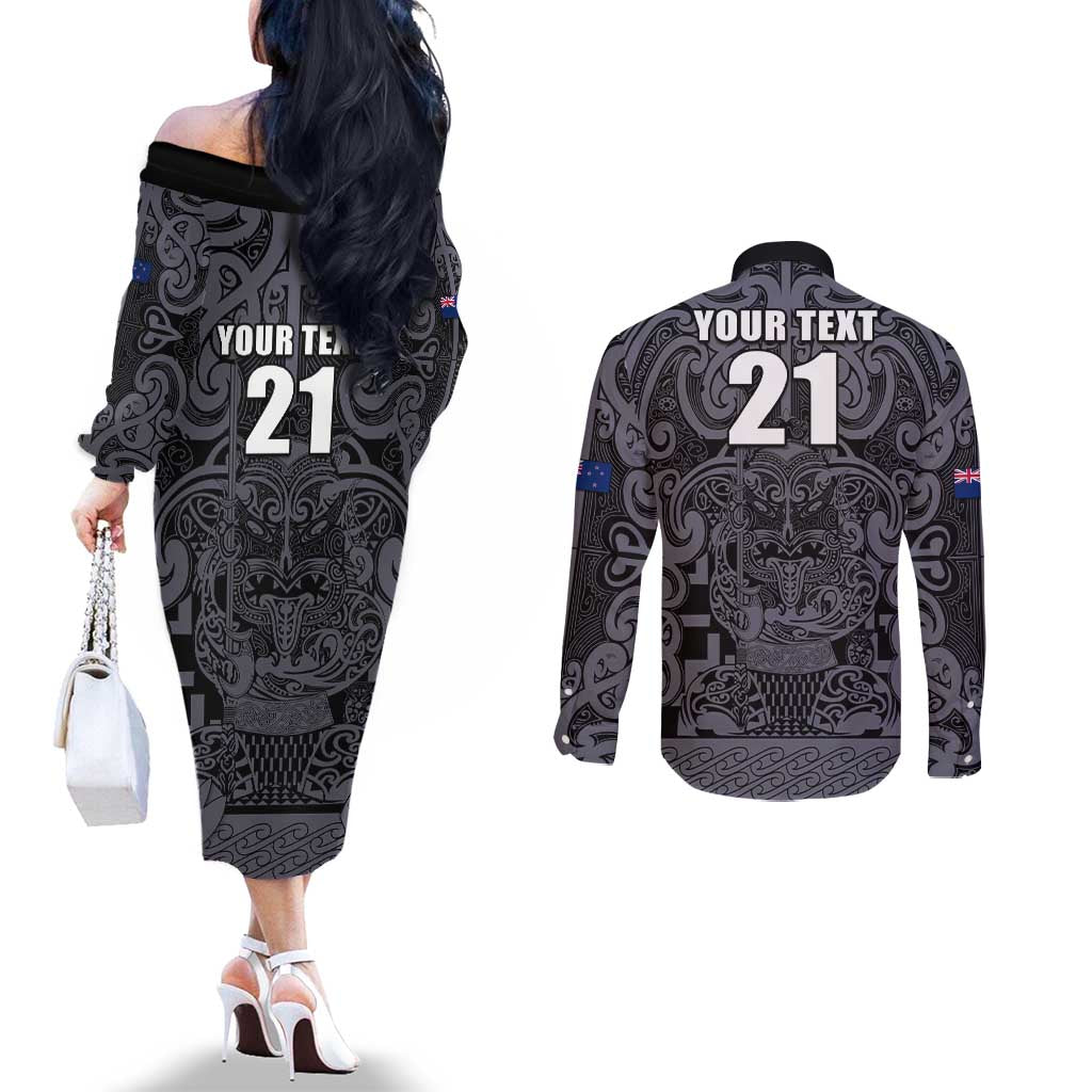 Custom New Zealand Taiaha Maori Couples Matching Off The Shoulder Long Sleeve Dress and Long Sleeve Button Shirt Minimalist Silver Fern All Black - Aussie Hoodie