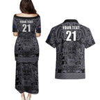 Custom New Zealand Taiaha Maori Couples Matching Puletasi and Hawaiian Shirt Minimalist Silver Fern All Black - Aussie Hoodie
