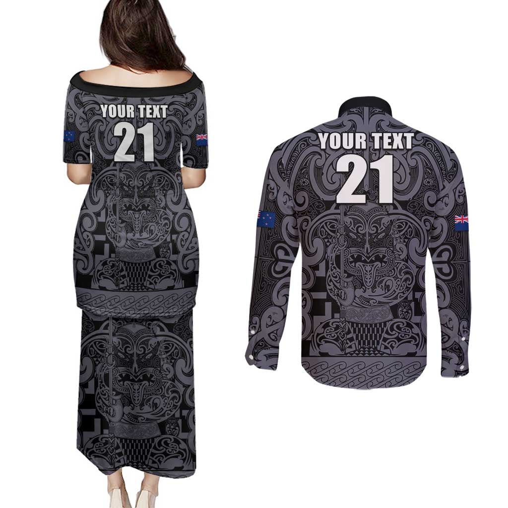 Custom New Zealand Taiaha Maori Couples Matching Puletasi and Long Sleeve Button Shirt Minimalist Silver Fern All Black - Aussie Hoodie