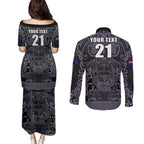 Custom New Zealand Taiaha Maori Couples Matching Puletasi and Long Sleeve Button Shirt Minimalist Silver Fern All Black - Aussie Hoodie