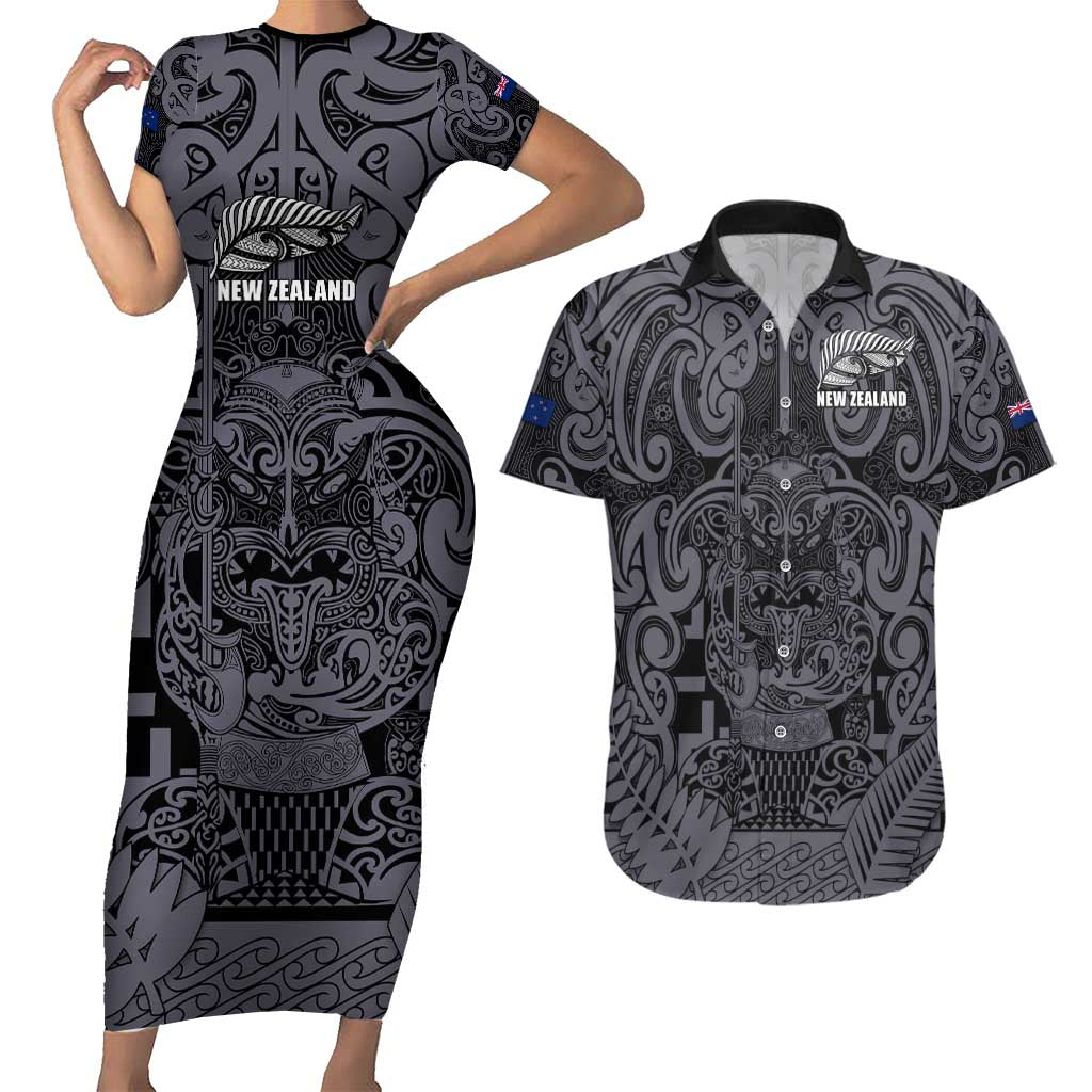 Custom New Zealand Taiaha Maori Couples Matching Short Sleeve Bodycon Dress and Hawaiian Shirt Minimalist Silver Fern All Black - Aussie Hoodie