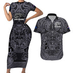Custom New Zealand Taiaha Maori Couples Matching Short Sleeve Bodycon Dress and Hawaiian Shirt Minimalist Silver Fern All Black - Aussie Hoodie