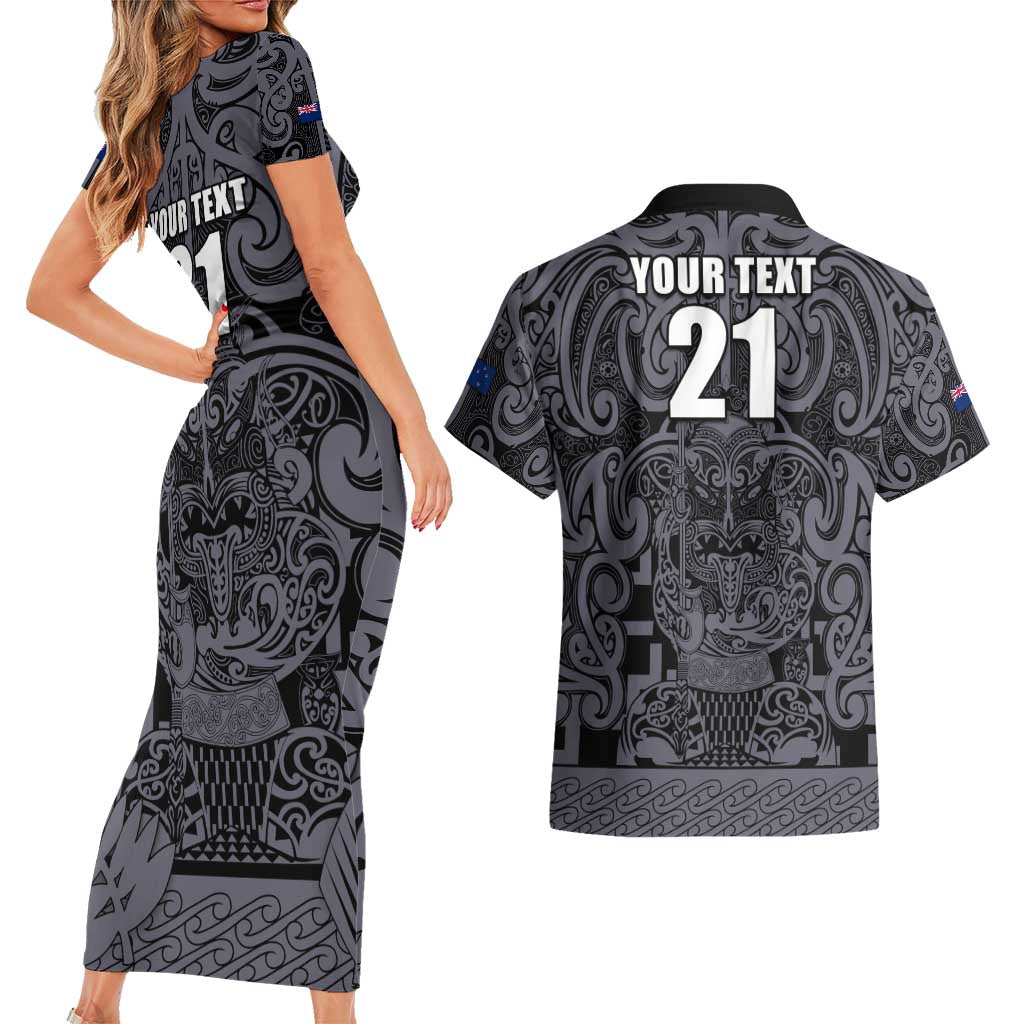 Custom New Zealand Taiaha Maori Couples Matching Short Sleeve Bodycon Dress and Hawaiian Shirt Minimalist Silver Fern All Black - Aussie Hoodie