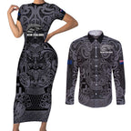 Custom New Zealand Taiaha Maori Couples Matching Short Sleeve Bodycon Dress and Long Sleeve Button Shirt Minimalist Silver Fern All Black - Aussie Hoodie
