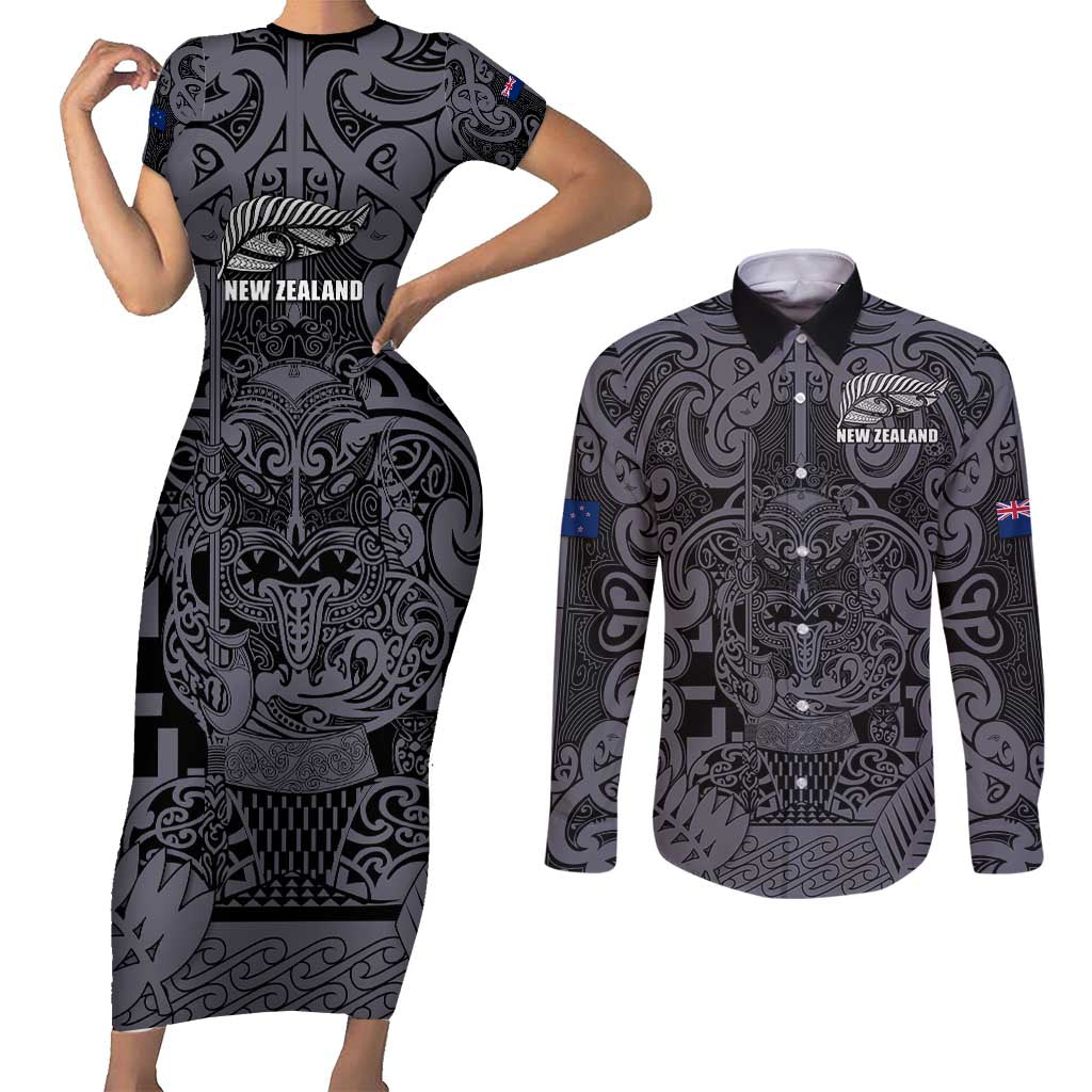 Custom New Zealand Taiaha Maori Couples Matching Short Sleeve Bodycon Dress and Long Sleeve Button Shirt Minimalist Silver Fern All Black - Aussie Hoodie