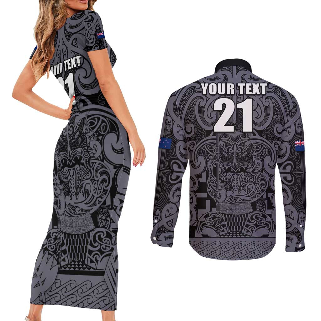 Custom New Zealand Taiaha Maori Couples Matching Short Sleeve Bodycon Dress and Long Sleeve Button Shirt Minimalist Silver Fern All Black - Aussie Hoodie