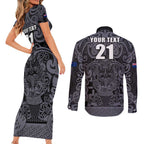 Custom New Zealand Taiaha Maori Couples Matching Short Sleeve Bodycon Dress and Long Sleeve Button Shirt Minimalist Silver Fern All Black - Aussie Hoodie