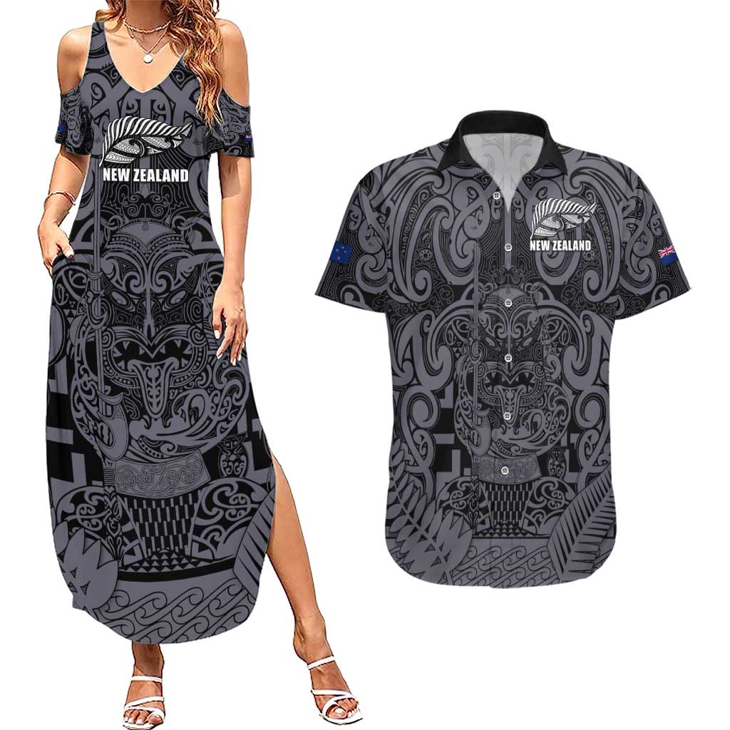 Custom New Zealand Taiaha Maori Couples Matching Summer Maxi Dress and Hawaiian Shirt Minimalist Silver Fern All Black - Aussie Hoodie